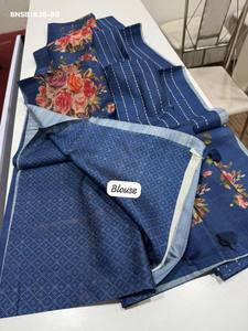 Sari de Tussar Semiblando de Alta Calidad con Estampado Digital - Diseño Floral y Patrón de Líneas - Blusa Estampada - Proveedor Indio - Product Image 2