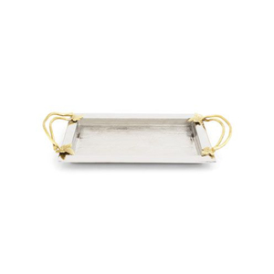 Plateau de service rectangulaire en acier inoxydable artisanal de luxe avec élégantes poignées en laiton doré à motifs floraux, plateau décoratif - Product Image 5