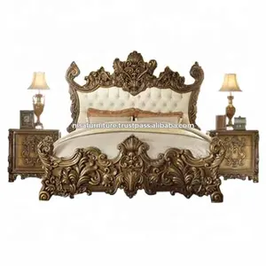 仿古豪华意大利双人真皮沙发床框架，皇家法式设计特大床卧室家具套装
