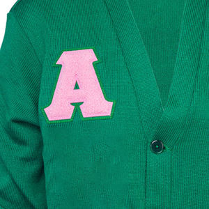 Green Knitted <b>Cardigan</b> With Pink A Letter And Stripes V Neck Long Sleeve Women's Casual Sweater Top - Product Image 5