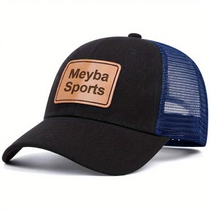Custom Leather Patch Trucker Hat <b>Black</b> And Blue Mesh Snapback <b>Cap</b> Adjustable Curved Brim Outdoor Casual <b>Baseball</b> Hat - Product Image 1