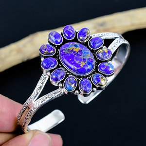 Natural Purple oster Gemstone Multistone Bangle Handmade Jewelry 925 sterling Silver Plated Adjustable Bangle - Product Image 1