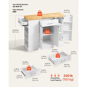 Carrello da Cucina in Legno con Isola e Spazio di Archiviazione, Larghezza 42,36 Pollici, 2 Cassetti e Armadietto per Sala da Pranzo - Product Image 3