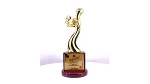 Trofeo de diseño con gestos de mano, acabado dorado y base de madera para reconocimiento de logros y apreciación corporativa - Product Image 3