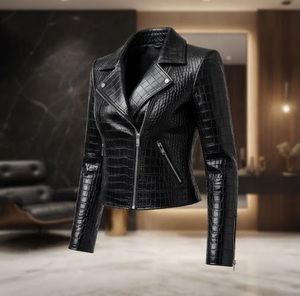 Chaqueta de Moto de Cuero PU con Estampado de Cocodrilo Negro para Mujer, Cierre de Cremallera, Manga Larga, Cuello Camisero, Largo Regular, Otoño - Product Image 3