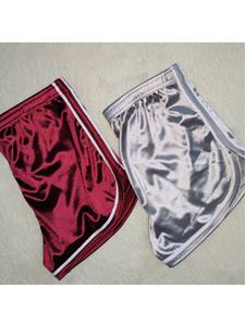 Shorts de Satén de Cintura Alta para Mujer, Color Rojo Sólido con Ribete Blanco, Transpirables, de Secado Rápido, Estilo Deportivo, Cintura Elástica, Corte Regular - Product Image 3