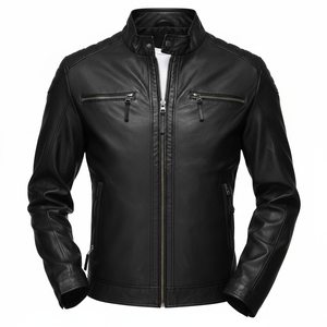 Blouson de motard unisexe en cuir noir personnalisé, col mandarin, épaulettes rembourrées, style streetwear, coupe ajustée, écologique, hiver, fermeture frontale - Product Image 1
