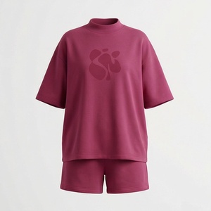 Ensemble 2 pièces tricoté pour femme, haut à col roulé et short de couleur unie, coupe ample, manches mi-longues, au-dessus du genou, tenue décontractée printemps-été - Product Image 1