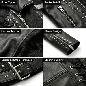 Wholesale Mens Genuine Leather <b>Jacket</b> Custom Cow Hair On Hide Panels Studded Biker Coat Symmetrical Lace Up <b>Punk</b> Outwear - Product Image 6