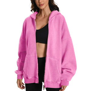 Sudadera con capucha rosa extragrande de manga larga con cremallera y hombros caídos para mujer, estilo casual y holgado con bolsillos, Colección 2026 - Product Image 3