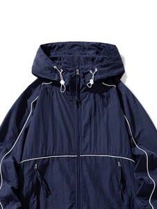 Men's Navy Hooded Windproof Waterproof Vintage Striped Jacket Casual Loose Fit Zipper Closure Canvas Material Winter Wear - Product Image 1