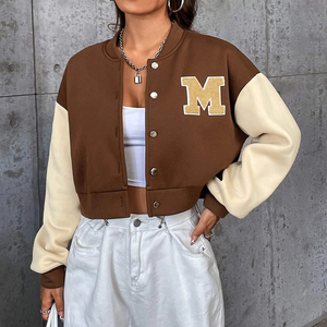 Brown <b>Cream</b> Varsity <b>Jacket</b> Women Short Length Full Sleeve Letter M Embroidery Button Up Crew Neck Autumn Casual Outerwear - Product Image 1