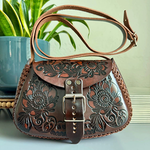 100% Genuine Leather Bohemian Florals Hand Tooling Lady Lightweight <b>Shoulder</b> Crossbody Bag Cover Closure Single <b>Strap</b> Sling Bag - Product Image 1