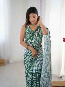 Sari traditionnel indien en Chinnon pour festivals et soirées, avec blouse non cousue, travail miroir, séchage rapide, toutes saisons, pour femmes - Product Image 3