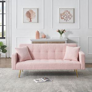 Divano Letto in Pile Teddy Rosa da 71,7 Pollici con Due Cuscini Decorativi Gratuiti per Comfort e Stile - Product Image 1