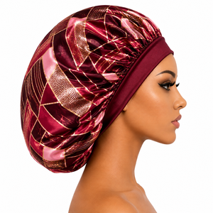 Bonnet de nuit en satin pour femme, motif géométrique, imprimé doré bordeaux, élastique réglable 56-58CM, style tendance, usage domestique - Product Image 3
