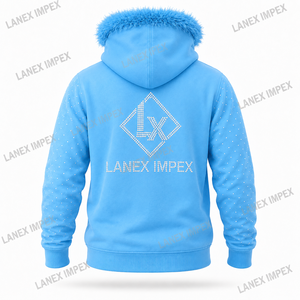 เสื้อแจ็คเก็ตมีฮู้ดประดับเพชรพลอยสีฟ้าสำหรับผู้ชาย พร้อมฮู้ดขนเฟอร์เทียม แขนเสื้อและกระเป๋าประดับหมุด ซิปยาวเต็มตัว สไตล์แฟชั่นสตรีทแวร์ - Product Image 3