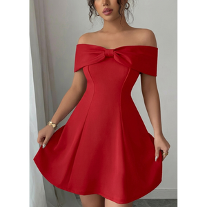 Elegant Off-Shoulder <b>Bow</b> Front Fit & Flare Mini Dress - Product Image 1