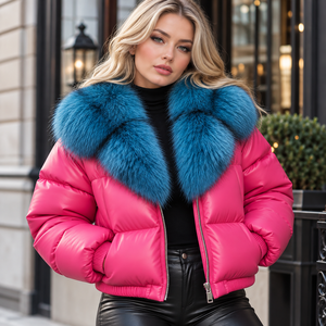 Chaqueta de plumón para mujer de cuero genuino a cuadros con cremallera y cuello de piel de zorro azul, fina, 85% plumón, cortavientos, estilo urbano, ropa de abrigo de invierno - Product Image 1