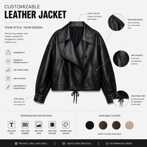 Blouson bomber en cuir PU pour femme avec col rabattable, fermeture éclair, style court, vêtement d'automne, couleur unie, coupe-vent - Product Image 3