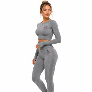 Ensemble de vêtements de sport pour femmes, soutien-gorge de sport gris à manches longues et leggings taille haute, sans couture, pour l'entraînement, le yoga et les activités sportives - Product Image 3