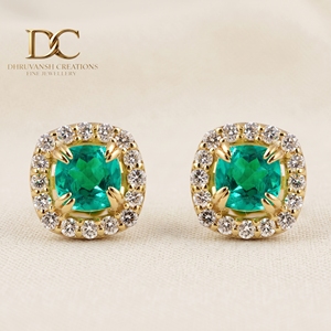 Pendientes de Oro Amarillo Sólido de 14 Quilates con Diamante Cultivado en Laboratorio y Esmeralda Colombiana, Corte Cojín, Joyería de Diseño para Mujer, Certificados por IGI - Product Image 2
