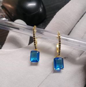 Natural Blue Topaz Emerald Cut Drop Hoop Earrings 925 Sterling <b>Silver</b> 14K Gold Plated Dainty <b>Huggie</b> Wedding Jewelry - Product Image 1