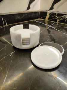 Trendy Handmade <b>Marble</b> <b>Coaster</b> Set With Holder Waterproof Flamed Surface and Black White Onyx Finish For Table Use - Product Image 4