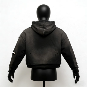 Sweat-shirts à capuche OEM Premium pour hommes, style streetwear, en molleton, coupe courte et ample, épaules tombantes, effet vieilli et délavé soleil, bords bruts, pour l'hiver - Product Image 2