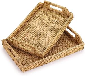 Ensemble de 2 plateaux décoratifs rectangulaires tendance en fibres végétales, style rustique, artisanat en bambou et rotin avec poignée - Product Image 1
