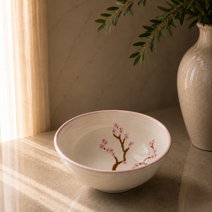 Bol en céramique haut de gamme à motif de fleurs de cerisier, finition lisse et émaillée, design artisanal artistique pour un service de table élégant - Product Image 1