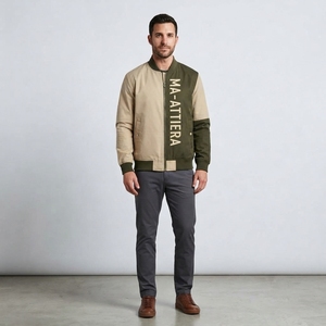 Blouson bomber vert kaki pour homme, avec blocs de couleur, logo vertical, style streetwear décontracté, personnalisable, OEM ODM, vente en gros - Product Image 1
