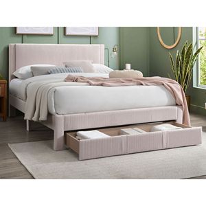 Letto matrimoniale moderno con contenitore, rivestito in velluto a coste rosa chiaro, con struttura a piattaforma e design salvaspazio - Product Image 1