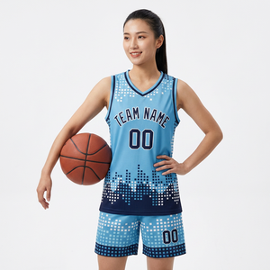 Custom Sublimated Basketball Jersey Set <b>Light</b> Blue V-Neck Sleeveless Moisture Wicking Polyester Unisex Adult Team <b>Name</b> Print - Product Image 6