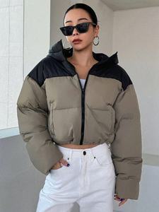 Women's Color Blocked Quilted Jacket Hooded Zipper Closure Short Length Winter <b>Coat</b> Full Sleeve Polyester Wadding - Product Image 3