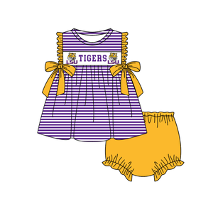 Set coordinato personalizzato per fratelli, viola a righe, completo a maniche corte per neonati, include vestito per bambino e tutina per bambina. - Product Image 3