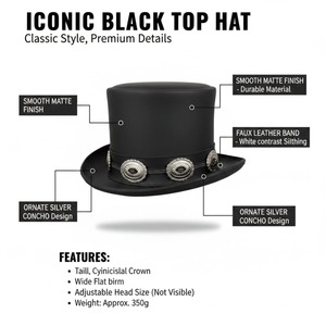Sombrero de Copa de Terciopelo Premium Unisex, Diseño Clásico de Corona Alta, Elegante Gorro Negro con Acabado Liso, Fabricación Personalizada para Exteriores - Product Image 5