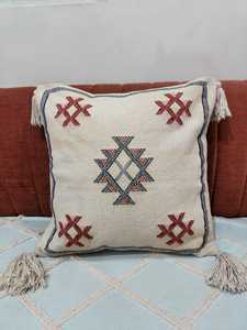 Hand-Embroidered Tribal Geometric Pattern Decorative <b>Cushion</b> <b>Cover</b> with Tassels - Product Image 1