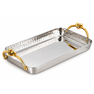 Bandeja Decorativa de Acero Inoxidable Martillado con Asas Florales Doradas, Elegante Plato de Metal para Servir Alimentos, Decoración para Hoteles y Restaurantes - Product Image 5