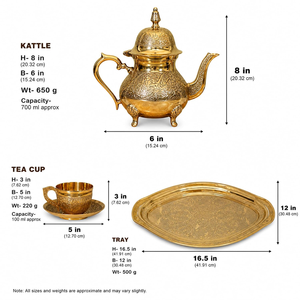 Juego de té oriental de latón con tapa, 4 tazas y bandeja, diseño floral grabado, vajilla tradicional - Product Image 2