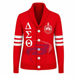 Delta |   Sigma |   Suéter de Punto con Botones Bordados en Rojo de la Hermandad Theta, con Rayas Blancas, Suéter DST Apparel para Mujer - Product Image 1