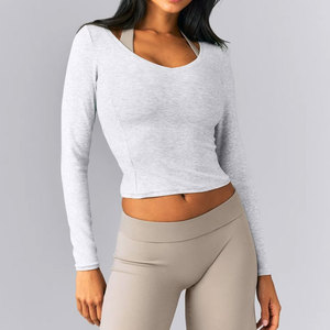 Camiseta Deportiva 2 en 1 para Mujer, Manga Larga, Diseño de Top Corto, Ajuste Holgado, Material Acanalado Transpirable, para Entrenamiento Informal - Product Image 5