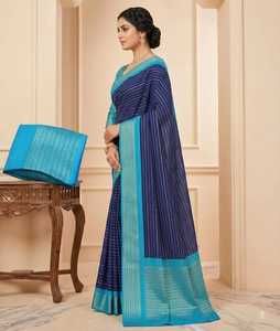 Sari en soie Mysore pour femme, bleu rayé, traditionnel indien, pour occasions festives, longueur au sol, coupe classique, toutes saisons - Product Image 2