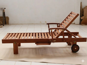 Single Outdoor Lounger in Solid Teak Wood Oiled Finish Modern Design with Arm and Adjustable <b>Back</b> Position No <b>Cushions</b> - Product Image 3