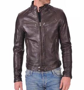 Veste moto en cuir véritable marron pour homme, col montant, fermeture éclair, coupe classique, pour l'automne - Product Image 5