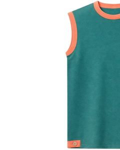 Ensemble décontracté d'été pour homme : débardeur sans manches et short en coton vert sarcelle avec bordure orange corail et cordon de serrage – Ensemble deux pièces - Product Image 2