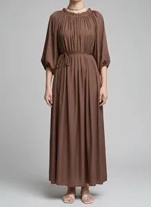 Ladies <b>Boho</b> Cotton Linen Maxi <b>Dress</b> Off Shoulder 3/4 Sleeve Elastic Waist Adjustable Tie Loose Fit <b>Long</b> <b>Dress</b> - Product Image 3