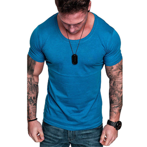<b>Men's</b> Blue Short Sleeve Casual T-<b>Shirt</b> Solid Color V-Neck 100% Cotton Knitted Breathable Summer Wear - Product Image 6