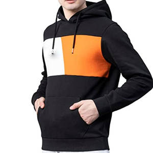 <b>Men's</b> Premium Black Streetwear Pullover <b>Hoodie</b> | White <b>Orange</b> Color-Block Chest Design 3D Embroidery 100% Cotton Urban Athletic - Product Image 2