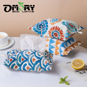 OMORY Housse de mouchoirs suspendue de style oriental, motif géométrique bleu, orange, rouge, en coton et lin respirant, lavable à la main - Product Image 6